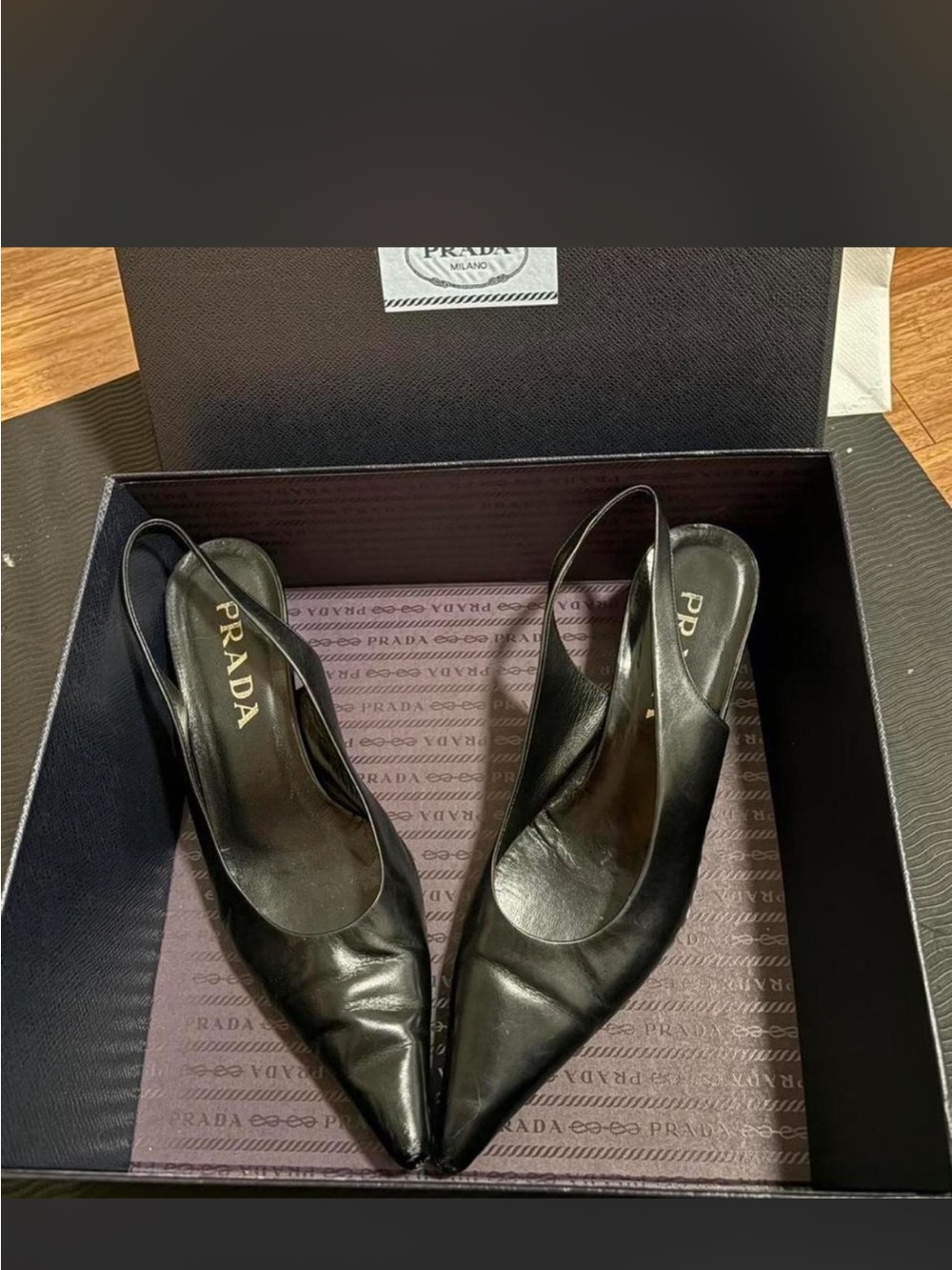 Prada Black Leather Pointed Slingback Heels